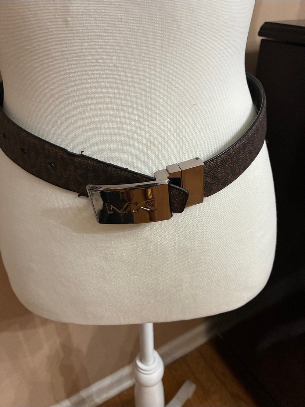 Michael Kors Brown Monogram Leather Belt with Gunmetal MK Buckle